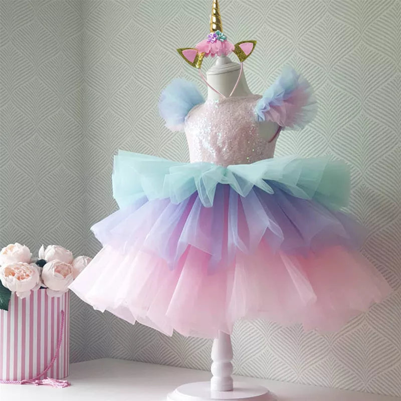 Girls Rainbow Unicorn Princess TuTu Dress