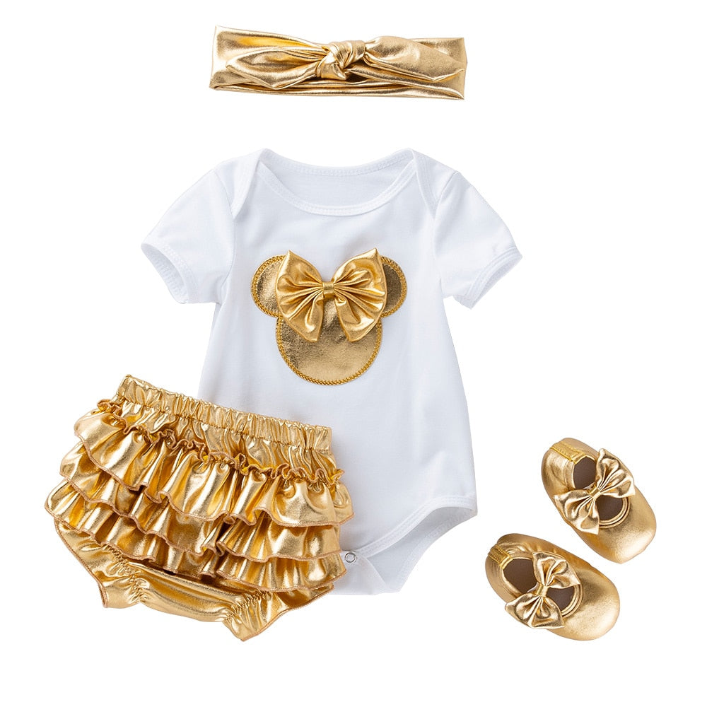 White Cotton Rompers and Golden Ruffles Tutu Skirt Shoes Headband Sets