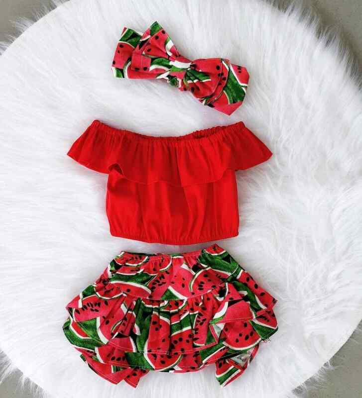 Strapped Ruffle Red Tops Watermelon Shorts Headwear 3PCS